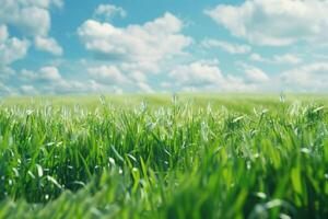 ai gegenereerd groen veld- en blauw lucht foto