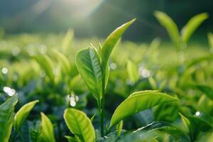 ai gegenereerd groen thee bladeren in een thee plantage in ochtend- foto