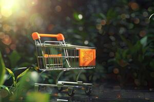 ai gegenereerd speciaal aanbod met een oranje boodschappen doen kar speciaal aanbod foto