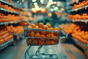 ai gegenereerd speciaal aanbod met een oranje boodschappen doen kar speciaal aanbod foto