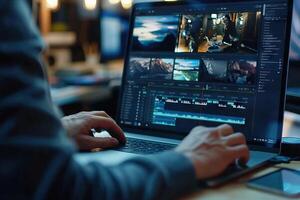 ai gegenereerd professioneel video bewerken Aan laptop voor reclame film. foto