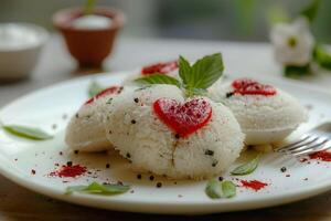 ai gegenereerd valentijnsdag dag speciaal zuiden Indisch idli met liefde harten. foto