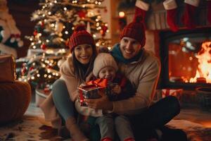 ai gegenereerd jong gelukkig familie in de buurt een Kerstmis boom Bij huis Holding geschenk en opwarming van haard foto
