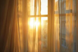 ai gegenereerd helder ochtend- zon in de Open venster door de gordijnen foto