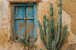 ai gegenereerd cactus planten groeit in de buurt muur met venster van oud huis in mauritania Afrika foto