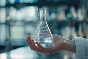 ai gegenereerd conisch fles in wetenschapper hand- met laboratorium glaswerk achtergrond laboratorium Onderzoek concept foto