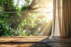 ai gegenereerd houten tafel top met tuin groen en zonlicht voor Scherm. foto