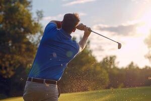 ai gegenereerd golfspeler in een blauw overhemd ijzer schot volgen door. foto