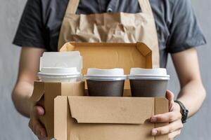 ai gegenereerd divers nemen uit containers koffie cups pizza doos levering Mens. foto