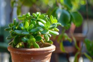 ai gegenereerd jade fabriek met helder groen bladeren in een klei pot in een zonnig patio tuin. foto