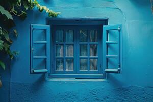 ai gegenereerd Open venster naar de terug werf met blauw muur. foto