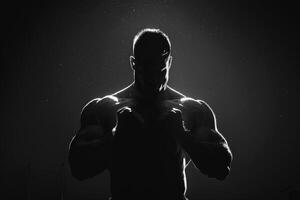 ai gegenereerd sterk bodybuilder in dramatisch zwart en wit silhouet. foto