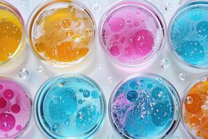 ai gegenereerd microscoop visie van kleurrijk vloeistof monsters in Petri gerechten foto