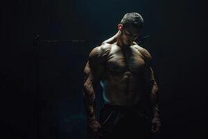 ai gegenereerd gespierd mannetje bodybuilder poseren in studio. foto