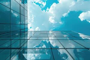 ai gegenereerd glas gebouwen met bewolkt blauw lucht achtergrond foto