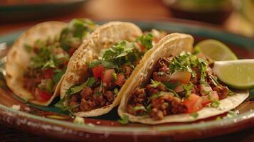 ai gegenereerd een bord van heerlijk taco's met limoen tomaat sla en kaas. foto