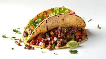 ai gegenereerd Gesloten omhoog schot van heerlijk Mexicaans taco geïsoleerd in een wit achtergrond foto