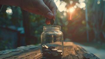 ai gegenereerd hand- zetten munten in glas pot voor geven en bijdrage concept foto