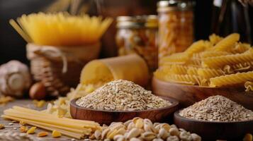 ai gegenereerd reeks van rauw granen granen pasta en ingeblikt voedsel Aan de tafel. foto