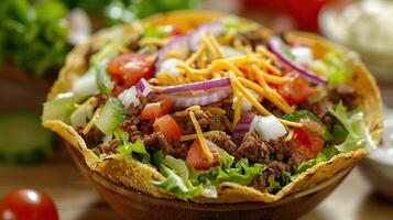 ai gegenereerd macro beeld van taco salade in tortilla schaal. foto