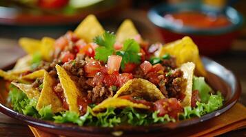 ai gegenereerd bord met taco nacho's chips en tomaat dip bord met taco nacho's chips en tomaat dip foto