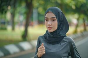 ai gegenereerd portret van aantrekkelijk jong Aziatisch moslim vrouw rennen en oefenen buitenshuis foto