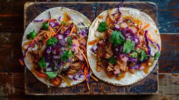 ai gegenereerd top naar beneden foto van twee authentiek Mexicaans taco's