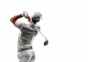 ai gegenereerd golfspeler in wit overhemd swinging Aan wit achtergrond. foto