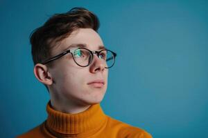 ai gegenereerd portret van een jong Mens met bril in een studio Aan een blauw achtergrond. foto