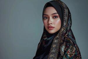 ai gegenereerd elegant moslim model- in traditioneel kebaya en hijaab. foto