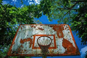 basketbal hoepel Aan geschilderd bord in costa ricaanse park. foto