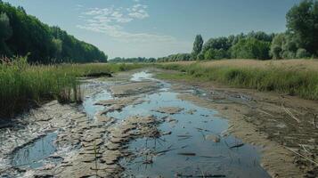 droog rivierbedding met plassen gebarsten bodem groen Woud riet. foto