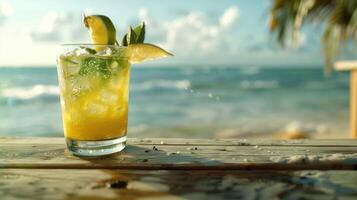 exotisch zomer drinken geserveerd Aan houten planken. vervagen strand net zo achtergrond foto