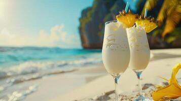 pina colada drankjes met vervagen strand Aan achtergrond pina colada drinken foto