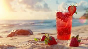 aardbei cocktail Aan strand achtergrond. foto