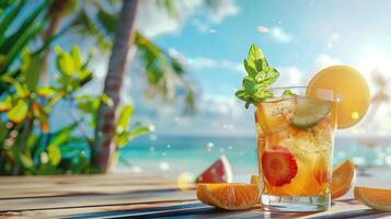 fruit cocktail Aan houten tafel met strand achtergrond. foto