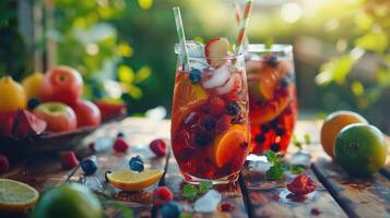 zomer drankjes Aan houten tafel. ijs team met vruchten. foto