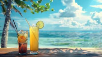 zomer drankjes met vervagen tropisch strand Aan houten tafel foto