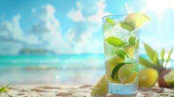 verfrissend zomer mojito drinken Aan strand achtergrond met kopieerruimte. foto