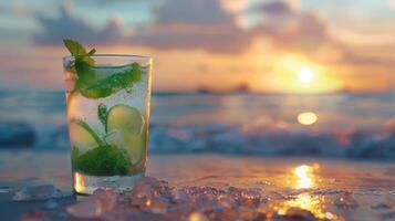 de bevroren glas van mojito drankjes Aan de strand Bij zonsondergang met vervagen achtergrond. foto