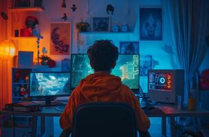 ai gegenereerd tiener- gamer in een levendig kamer foto