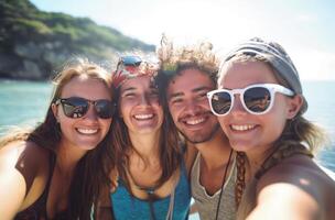 gelukkig vrienden Aan zomer vakantie foto