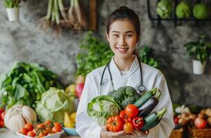 diëtist met vers produceren foto