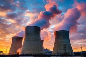 nucleair fabriek zonsondergang silhouet foto