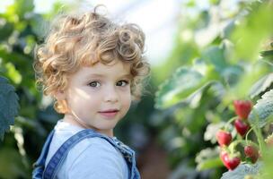 gekruld haren kind in tuin foto