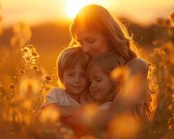 ai gegenereerd gelukkig moeder en kinderen met vrolijk emoties in een feestelijk humeur Aan moeder dag foto