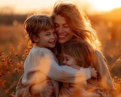 ai gegenereerd gelukkig moeder en kinderen met vrolijk emoties in een feestelijk humeur Aan moeder dag foto