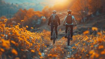 ai gegenereerd buitenshuis werkzaamheid thema met mensen Aan Fietsen in natuur foto