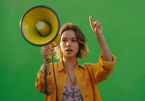 vrouw met een megafoon voor nieuws feeds en verkoop marketing, thema van beschermen vrouwen rechten en feminisme. foto