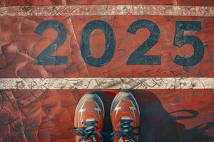 de begin van 2025 is geschreven Aan een kleurrijk weg. conceptuele foto van de komt eraan nieuw jaar 2025. nieuw jaar concept, motivatie, bedrijf Promotie, stap naar voren, in beweging naar voren, hoop